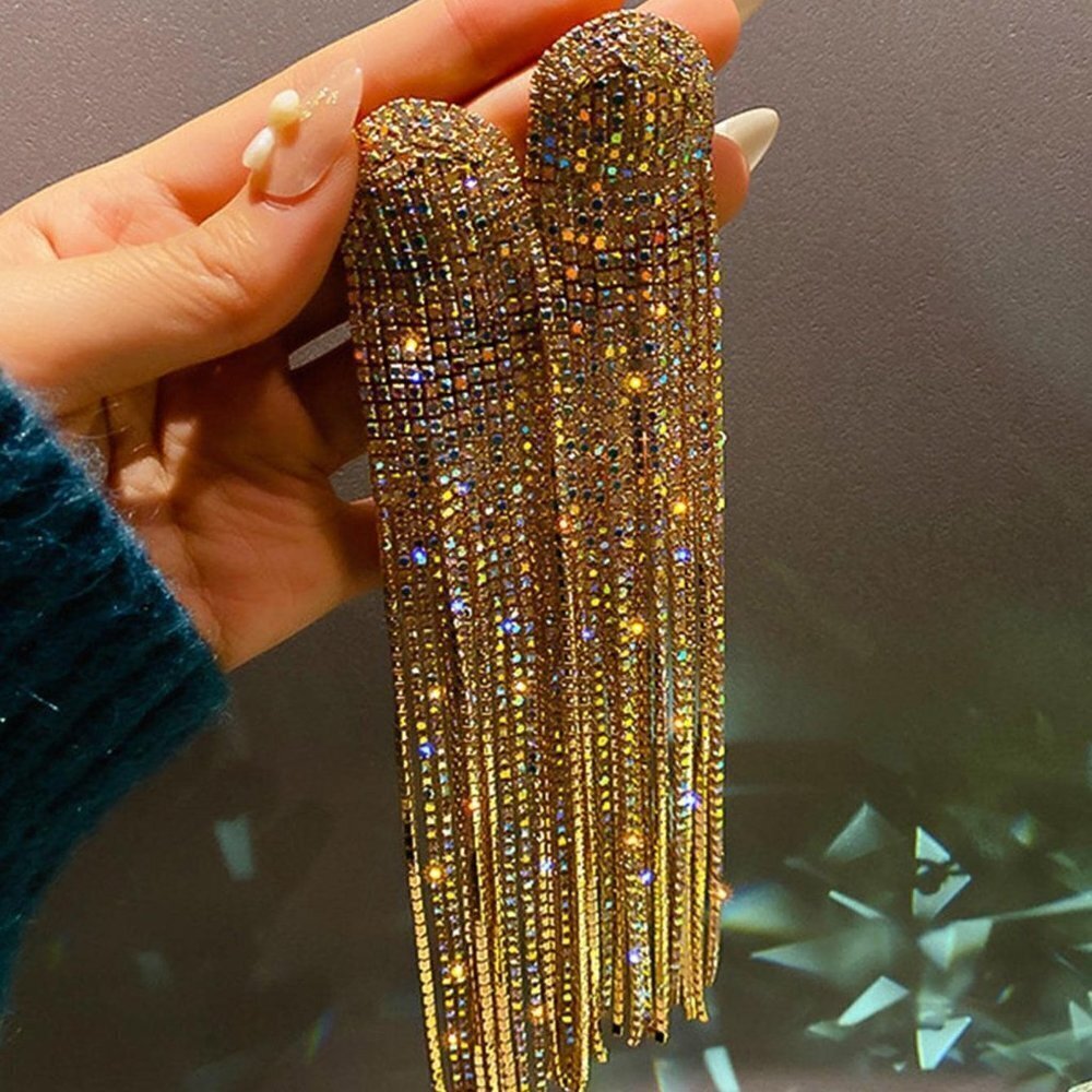 Gold Preppy Womens Rhinestone Tassel Drop Earrings